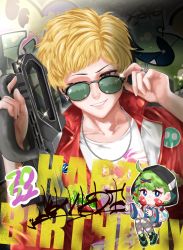 Rule 34 | 2girls, alternate hair color, apex legends, black eyes, black footwear, black jacket, blonde hair, blue eyes, bright pupils, chibi, chibi inset, crossover, unworn eyewear, graffiti, gun, happy birthday, highres, holding, holding gun, holding removed eyewear, holding weapon, hood, hood up, jacket, jewelry, kaname buccaneer, looking at viewer, macross, macross delta, multiple girls, necklace, parted lips, prowler smg, reina prowler, shoes, smile, sneakers, solo focus, sparkle, submachine gun, suk0922a, sunglasses, valkyrie (apex legends), weapon, white pupils