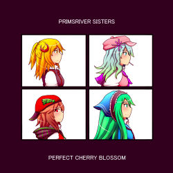 Rule 34 | 4girls, adapted costume, alternate hair color, andani, blonde hair, brown hair, crescent, crescent hair ornament, demon days (gorillaz), from side, gorillaz, gradient hair, green eyes, green hair, hair ornament, hat, iormi, layla prismriver, long hair, lunasa prismriver, lyrica prismriver, merlin prismriver, multicolored hair, multiple girls, parody, perfect cherry blossom, portrait, profile, red eyes, sailor collar, shirt, star (symbol), star hair ornament, touhou, typo, yellow eyes