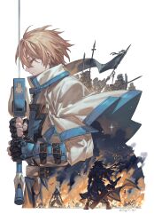 Rule 34 | 2boys, absurdres, belt, blonde hair, brown hair, clenched hand, closed eyes, closed mouth, english text, fingerless gloves, fire, fireseal, gloves, guilty gear, guilty gear xx, highres, holding, holding polearm, holding shield, holding sword, holding weapon, knight, ky kiske, long hair, monster, multiple boys, night, night sky, onigiri post 0, order-sol, polearm, praying, shaded face, shield, short hair, simple background, sky, sol badguy, sparkle, spear, star (sky), sword, thunderseal, twitter username, weapon, white background