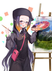 Rule 34 | 1girl, :d, absurdres, bag, beret, black dress, black hat, blush, commentary request, dress, fang, glasses, gradient hair, hat, highres, holding, holding paintbrush, holding palette, hololive, hololive english, long hair, multicolored hair, ninomae ina&#039;nis, ninomae ina&#039;nis (casual), open mouth, orange hair, paint splatter, paint splatter on face, paintbrush, painting (action), painting (object), palette (object), purple eyes, purple hair, shoulder bag, smile, solo, tentacle hair, virtual youtuber, w wonjin, white background