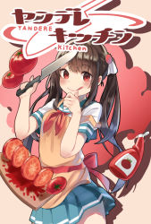 Rule 34 | 1girl, :p, apron, bad id, bad pixiv id, blush, crazy eyes, cutting board, empty eyes, fingernails, hair ornament, holding, holding knife, ketchup, ketchup bottle, kitchen knife, knife, long hair, looking at viewer, neck ribbon, original, pleated skirt, red eyes, red ribbon, ribbon, sakoku (rh ty ks), school uniform, skirt, sliced, solo, tomato, tongue, tongue out, twintails, yandere