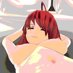 Rule 34 | 1girl, 3d, animated, animated gif, bouncing breasts, breast expansion, breasts, huge breasts, jiggle, looking at viewer, lowres, musumakeup, navel, nipples, red hair, solo, source request