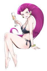 Rule 34 | 1girl, alternate costume, barefoot, bikini, black bikini, blue eyes, blush, bracelet, breasts, champagne flute, cleavage, commentary request, creatures (company), cup, drinking glass, earrings, female focus, game freak, gold bracelet, hand up, holding, invisible chair, jessie (pokemon), jewelry, large breasts, liquid, long hair, looking at viewer, nintendo, open mouth, pokemon, pokemon (anime), purple hair, relaxjon, side-tie bikini bottom, signature, simple background, sitting, smile, solo, solo focus, swimsuit, team rocket, toes, tongue, white background