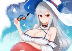 Rule 34 | 1girl, :o, arknights, bare shoulders, black choker, breasts, choker, cleavage, commentary request, hair between eyes, hat, holding, holding removed eyewear, inflatable orca, inflatable toy, large breasts, long hair, looking at viewer, navel, off-shoulder shirt, off shoulder, official alternate costume, open mouth, outdoors, partial commentary, patyu3, red eyes, shirt, silver hair, skadi (arknights), skadi (waverider) (arknights), sky, solo, sunglasses, unworn eyewear, upper body, very long hair, white hat, white shirt
