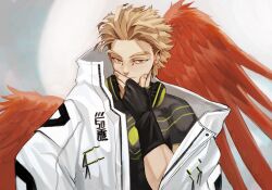 Rule 34 | 1boy, black gloves, black shirt, blonde hair, boku no hero academia, closed mouth, feathered wings, fingerless gloves, gloves, hand on own face, hand up, hawks (boku no hero academia), headphones, highres, jacket, kogu (nue insideout), looking at viewer, male focus, red wings, shirt, short hair, solo, upper body, white jacket, wings