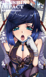 Rule 34 | absurdres, arm tattoo, blue eyes, blue hair, bob cut, breast tattoo, breasts, chest sarashi, chinese clothes, cleavage, cleavage cutout, clothing cutout, cover, cover page, dice, ear piercing, fur-trimmed jacket, fur trim, genshin impact, highres, jacket, japanese clothes, kimono, large breasts, longyangwumian, mask, mole, mole on breast, mouth mask, open mouth, piercing, sarashi, sexually suggestive, tattoo, yelan (genshin impact), yoimiya (genshin impact)