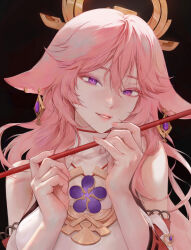 Rule 34 | 1girl, absurdres, animal ears, bare shoulders, black background, breasts, detached sleeves, earrings, fox ears, genshin impact, hair between eyes, highres, holding, japanese clothes, jewelry, large breasts, long hair, looking at viewer, miko, parted lips, pink hair, pink nails, purple eyes, simple background, smile, solo, tanna, upper body, very long hair, yae miko