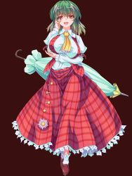 Rule 34 | 1girl, :d, arm strap, ascot, blush, breast hold, breasts, closed umbrella, elbow rest, flower, frilled skirt, frills, full body, green hair, hand on own cheek, hand on own face, highres, kazami yuuka, large breasts, loafers, long sleeves, open clothes, open mouth, open vest, plaid, plaid skirt, plaid vest, red eyes, shirt, shoes, skirt, skirt set, smile, solo, straight-on, sunflower, tachi-e, touhou, transparent background, umbrella, unaligned breasts, vest, white background, white shirt, zephid