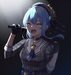 Rule 34 | 1girl, absurdres, beret, black gloves, blue hair, blue nails, blue neckwear, blush, bracelet, breasts, closed eyes, collared shirt, commentary request, gloves, grey hat, grey jacket, hair between eyes, hands up, hat, highres, holding, holding microphone, hololive, hoshimachi suisei, hoshimachi suisei (1st costume), jacket, jewelry, kenken (keuken), long hair, microphone, nail polish, open mouth, partially fingerless gloves, plaid, plaid headwear, plaid jacket, shirt, small breasts, solo, upper body, v-shaped eyebrows, virtual youtuber, white shirt
