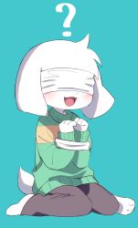 Rule 34 | 1boy, :3, ?, animal ears, animal feet, asriel dreemurr, barefoot, blindfold, blue background, blush, body fur, bound, bound arms, brown pants, child, covered eyes, full body, furry, furry male, goat boy, goat ears, goat tail, green sweater, hands up, happy, highres, knees together feet apart, long sleeves, male focus, open mouth, own hands together, pants, short hair, simple background, sitting, smile, solo, striped clothes, striped sweater, sweater, syuya, tied up (nonsexual), undertale, wariza, white fur, white hair