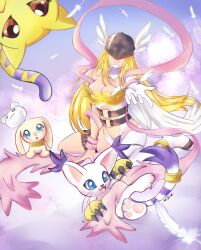Rule 34 | 1girl, :3, absurdres, angel, angel wings, angewomon, asymmetrical clothes, bare shoulders, belt, blonde hair, breasts, cat, cleavage, closed mouth, commentary, covered eyes, creature, digimon, digimon (creature), dog, elbow gloves, english commentary, falling feathers, fangs, feathered wings, feathers, full body, gloves, hagoromo, helmet, highres, holy ring, jewelry, krystalstar70, large breasts, long hair, multiple wings, navel, nyaromon, o-ring, o-ring belt, one eye closed, open mouth, outstretched hand, plotmon, ring, shawl, signature, single elbow glove, sitting, smile, tailmon, thigh strap, wariza, white gloves, winged helmet, wings, yukimibotamon