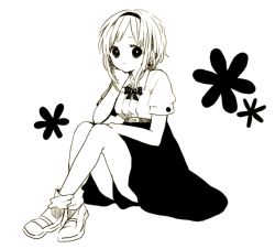 Rule 34 | 1girl, anzu (o6v6o), belt, bow, bowtie, head rest, collared shirt, crossed ankles, elbow on knee, floral background, gumi, hairband, knees up, looking at viewer, monochrome, shirt, shoes, short hair with long locks, short sleeves, simple background, sitting, skirt, socks, solo, vocaloid, white background