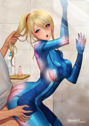 Rule 34 | 1boy, 1girl, against glass, ass, bathroom, bent over, blonde hair, breasts, doggystyle, grabbing another&#039;s hair, heheneko, hetero, latex, latex suit, long hair, looking back, makeup, metroid, nintendo, open mouth, ponytail, samus aran, sex, sex from behind, shampoo, shower, standing, vaginal, zero suit