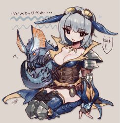 Rule 34 | 1girl, ?, animal, armor, black claws, blue sclera, blue skin, bodice, boots, breasts, claws, cleavage, cleavage cutout, clothing cutout, colored sclera, colored skin, dagger, fang, fingerless gloves, fins, frills, gloves, goggles, goggles on head, grey hair, head fins, heart, highres, holding, holding animal, jewelry, knee pads, knife, leather skirt, lizard, lizard tail, looking at viewer, medium breasts, monster, monster hunter, monster hunter: world, monster hunter (series), necklace, open mouth, orange eyes, seiza, short hair, shoulder armor, sitting, skirt, slinger (monster hunter), soreeyu (sore-yu), spikes, tail, tooth necklace, tzitzi-ya-ku, tzitzi-ya-ku (armor), weapon