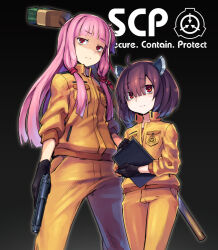 Rule 34 | 2girls, ahoge, beretta 92, black background, black gloves, blade, blunt bangs, broom, brown hair, clipboard, commentary, copyright name, feet out of frame, furrowed brow, glaring, gloves, gun, hair over one eye, hair ribbon, handgun, headgear, high collar, holding, holding broom, holding clipboard, holding gun, holding weapon, jacket, kotonoha akane, logo, long hair, looking at viewer, looking to the side, multiple girls, one side up, orange jacket, orange pants, outline, over shoulder, pants, pink hair, popped collar, red eyes, red ribbon, red shirt, ribbon, scp foundation, shaded face, shirt, short hair, sidelocks, sleeves past elbows, standing, tomonao, touhoku kiritan, voiceroid, weapon