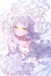 Rule 34 | 1girl, bare shoulders, blush, bouquet, breasts, cleavage, closed mouth, commentary, double bun, dress, eyes visible through hair, flower, from above, hair bun, hairband, highres, hololive, long hair, looking at viewer, murasaki shion, off shoulder, rin31153336, rose, small breasts, solo, very long hair, virtual youtuber, wedding dress, white dress, white flower, white hair, white rose, yellow eyes