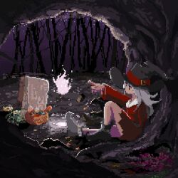 Rule 34 | 1girl, black hat, candy, cave, cave interior, dress, female focus, fire, food, forest, grey footwear, halloween, halloween bucket, hat, highres, long hair, magic, nature, night, ooo (d4frdm), original, pixel art, red dress, shoes, sitting, solo, white hair, witch, witch hat