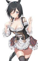 Rule 34 | 1girl, ;), animal ears, apron, black hair, black skirt, black thighhighs, blue eyes, blush, breasts, choker, cleavage, closed mouth, collarbone, commentary, corset, cowboy shot, eishin flash (umamusume), frilled apron, frilled skirt, frilled sleeves, frills, hand on own chest, highres, horse ears, horse girl, horse tail, long sleeves, looking at viewer, medium breasts, one eye closed, oshage (osyage921), red choker, red skirt, short hair, skirt, smile, solo, striped clothes, striped skirt, sweat, swept bangs, tail, thigh gap, thighhighs, umamusume, underbust, vertical-striped clothes, vertical-striped skirt, waist apron, white apron, wide sleeves