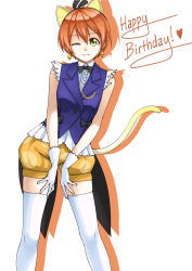 Rule 34 | 10s, 1girl, ;), animal ears, cat ears, cat tail, chain, earrings, fake animal ears, gloves, gold chain, happy birthday, highres, hoshizora rin, idol, jewelry, kemonomimi mode, korekara no someday, love live!, love live! school idol project, one eye closed, pas (paxiti), red hair, short hair, shorts, silhouette, sleeveless, smile, solo, tail, thighhighs, vest, white gloves, white thighhighs, wink, yellow eyes, zettai ryouiki