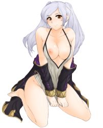 Rule 34 | 1girl, barefoot, blush, bottomless, breasts, cleavage, clothes pull, coat, covering crotch, covering privates, feet, fire emblem, fire emblem awakening, full body, happy, highres, hip focus, intelligent systems, large breasts, looking at viewer, nintendo, nipple slip, nipples, no bra, no panties, robin (female) (fire emblem), robin (fire emblem), seiza, shirt pull, sitting, smile, soles, solo, spaghetti strap, teasing, thighs, toes, transparent background, tridisart, twintails, white hair, yellow eyes