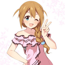 Rule 34 | 1girl, aqua eyes, baba konomi, braid, brown hair, collarbone, commentary request, dot nose, flat chest, floral background, hair between eyes, hand on own hip, hands up, idolmaster, idolmaster million live!, light blush, long hair, looking at viewer, one eye closed, open mouth, pink shirt, shirt, short sleeves, side ahoge, side braid, sidelocks, smile, solo, strapless, strapless shirt, uccow, upper body, v, v-shaped eyebrows, white background