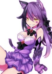Rule 34 | 1girl, animal ear fluff, animal ears, animal hands, argyle, bare shoulders, bell, black bow, black bowtie, black hair, bow, bowtie, breasts, cat ears, cat girl, cat tail, cheshire cat (monster girl encyclopedia), commentary, commission, dress, facial mark, grin, hair between eyes, hair bow, highres, jingle bell, large breasts, leaning back, long hair, looking at viewer, monster girl encyclopedia, neck bell, purple dress, purple hair, simple background, sitting, skeb commission, smile, solo, tail, white background, yellow eyes, yutamaro
