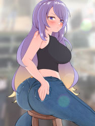 Rule 34 | 1girl, ass, ass focus, bare shoulders, black shirt, blush, breasts, denim, hand on own ass, highres, hololive, hololive indonesia, huge ass, jeans, large breasts, long hair, moona hoshinova, pants, purple eyes, purple hair, shirt, sitting, sleeveless, solo, stool, suica koubou, tight clothes, tight pants, virtual youtuber