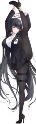 Rule 34 | 1girl, absurdres, black footwear, black hair, black jacket, black panties, black pantyhose, black skirt, black straps, blue archive, blunt bangs, blush, breasts, collared jacket, commentary, full body, halo, high heels, highres, id card, jacket, large breasts, long hair, looking at viewer, mechanical halo, name tag, office lady, panties, pantyhose, parted lips, pleated skirt, red eyes, rio (blue archive), shirt, sidelocks, simple background, skirt, solo, split, standing, standing on one leg, standing split, sweater, thigh strap, turtleneck, turtleneck sweater, underwear, very long hair, white background, white sweater, yoru0409