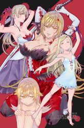 Rule 34 | 1girl, adjusting hair, blonde hair, blood, bomhat, breasts, character name, cleavage, dress, elbow gloves, eyes visible through hair, fangs, female focus, flat chest, gloves, hair ribbon, highres, holding, holding sword, holding weapon, katana, kiss-shot acerola-orion heart-under-blade, large breasts, long hair, looking at viewer, matching hair/eyes, monogatari (series), multiple persona, multiple views, oshino shinobu, pointy ears, red gloves, ribbon, smile, strap slip, sword, vampire, weapon, white gloves, yellow eyes