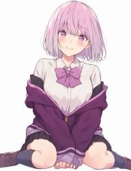 Rule 34 | 1girl, arms between legs, blush, bow, bowtie, breasts, closed mouth, eyelashes, gridman universe, highres, jacket, long sleeves, looking at viewer, off shoulder, pink bow, pink bowtie, pink hair, purple bow, purple bowtie, purple jacket, school uniform, shinjou akane, shirt, short hair, sitnon, sitting, skirt, smile, solo, ssss.gridman, uniform, wariza, white background, white shirt
