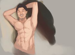 Rule 34 | 1boy, abs, armpits, arms behind head, black hair, commentary request, completely nude, facial hair, grin, hololive, looking at viewer, male focus, mathiamo13, muscular, nose, nude, pectorals, short hair, simple background, sketch, smile, solo, stubble, upper body, yagoo