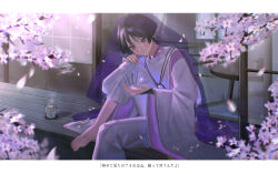 Rule 34 | 1boy, 4the2ofus, absurdres, black hair, cherry blossoms, closed mouth, cup, day, genshin impact, highres, holding, holding petal, japanese clothes, jewelry, letterboxed, long sleeves, male focus, multicolored hair, necklace, outdoors, petals, purple eyes, purple hair, purple veil, scaramouche (genshin impact), scaramouche (kabukimono) (genshin impact), sitting, solo, steam, translation request, veil, wide sleeves, yunomi