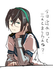 Rule 34 | 1girl, black hair, blue sailor collar, commentary, green eyes, green hairband, hairband, hand on own face, highres, kantai collection, layered sleeves, long hair, long sleeves, looking at viewer, megakura kinshi, ooyodo (kancolle), sailor collar, school uniform, serafuku, short over long sleeves, short sleeves, simple background, solo, translated, upper body, white background