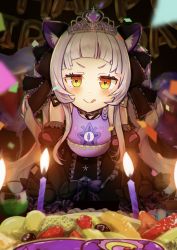 Rule 34 | 1girl, animal ears, artist request, bib, birthday, candle, cat ears, highres, hololive, licking lips, murasaki shion, sakinaaaaa, smile, solo, tagme, tiara, tongue, tongue out, virtual youtuber, white hair