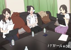 Rule 34 | 3girls, ^^^, absurdres, bendy straw, black hair, black pants, bottle, brown eyes, brown hair, character request, clothes writing, computer, couch, curtains, drinking straw, hair bun, highres, idolmaster, idolmaster shiny colors, indoors, jacket, laptop, long hair, misaki nonaka, multiple girls, nose bubble, on couch, open clothes, open jacket, open mouth, pants, pencil, pillow, purple skirt, real life, shirt, short sleeves, single hair bun, sitting, skirt, stuffed animal, stuffed toy, sweat, table, teddy bear, translation request, white shirt