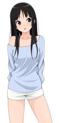 Rule 34 | 1girl, :o, absurdres, akiyama mio, arms behind back, black hair, blue eyes, blue shirt, blush, bra strap, breasts, casual, collarbone, cowboy shot, highres, ito kashiwamochi, k-on!, long hair, long sleeves, looking at viewer, medium breasts, off shoulder, open mouth, parted bangs, shirt, short shorts, shorts, sidelocks, simple background, single bare shoulder, solo, teeth, thighs, upper teeth only, white background, white shorts