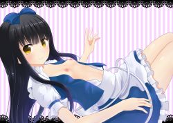 Rule 34 | 1girl, black hair, bow, breasts, brown eyes, long hair, lying, navel, nipples, on back, open clothes, open shirt, ribbon, shirt, skirt, small breasts, smile, solo, star sapphire, touhou, usagikoya