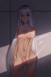 Rule 34 | 1girl, absurdres, against wall, altera (fate), bare arms, bare shoulders, blush, bottomless, breasts, breasts apart, camisole, cleft of venus, closed mouth, contrapposto, dark-skinned female, dark skin, fate/grand order, fate (series), frown, hair between eyes, hand on own hip, highres, legs apart, lens flare, lifted by self, light, looking at viewer, medium breasts, mouth hold, navel, nipples, pussy, red eyes, see-through, shiny skin, short hair, sidelocks, skindentation, solo, standing, stomach, strap slip, sweat, tattoo, ten no hoshi, thighs, uncensored, underboob, veil