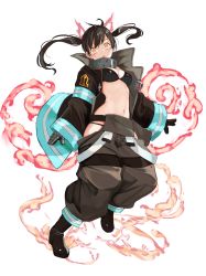Rule 34 | 1girl, :o, absurdres, baggy pants, bikini, bikini top only, black bikini, black hair, boots, breasts, cleavage, en&#039;en no shouboutai, fire, firefighter, firefighter jacket, full body, gloves, highres, hip vent, jacket, looking at viewer, lumo 1121, medium breasts, navel, open clothes, open jacket, open mouth, pants, simple background, solo, swimsuit, tamaki kotatsu, twintails, white background, yellow eyes