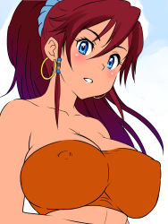 Rule 34 | 10s, 1girl, bellows (suisei no gargantia), blue eyes, blush, breasts, earrings, covered erect nipples, female focus, highres, hoop earrings, jewelry, large breasts, looking at viewer, mouth hold, ponytail, red hair, solo, strapless, suisei no gargantia, tube top, upper body, yuki (12cut)