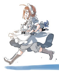 Rule 34 | 3girls, alternate costume, apron, bloomers, blue dress, boots, braid, braided hair rings, brown footwear, brown hair, carrying, chougei (kancolle), clothes lift, cross-laced footwear, dated, dress, dress lift, enmaided, frilled apron, frills, full body, grey eyes, hair rings, highres, i-203 (kancolle), i-47 (kancolle), kantai collection, kirisawa juuzou, lace-up boots, long hair, maid, maid headdress, mini person, minigirl, multiple girls, running, simple background, twin braids, twitter username, underwear, white apron, white background, wind, wind lift