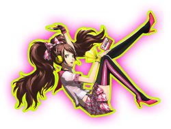 Rule 34 | 1girl, brown eyes, brown hair, full body, gloves, headphones, high heels, kujikawa rise, long hair, looking at viewer, official art, persona, persona 4, persona 4: dancing all night, persona dancing, single glove, skirt, soejima shigenori, tape, thighhighs, transparent background, twintails, white background