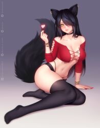 Rule 34 | 1girl, absurdres, animal ears, anna o renko, arm support, artist name, black choker, black hair, black panties, black shirt, black thighhighs, bracelet, breast tattoo, breasts, bright pupils, choker, closed mouth, copyright request, crop top, cross-laced clothes, cross-laced top, finger heart, fox ears, fox tail, full body, gradient background, hair over one eye, hand up, highleg, highleg panties, highres, jewelry, large breasts, looking at viewer, nail polish, navel, no shoes, off-shoulder shirt, off shoulder, one eye covered, panties, red nails, red shirt, shirt, short shorts, shorts, simple background, sitting, solo, stomach, stomach tattoo, tail, tattoo, thighhighs, underwear, yellow eyes, yokozuwari