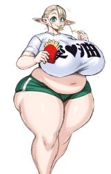 Rule 34 | 1girl, absurdres, belly, blonde hair, blush, breasts, eating, elf, elf-san wa yaserarenai., eric lowery, erufuda-san, fat, food, food in mouth, french fries, green shorts, highres, holding, holding food, huge breasts, navel, plump, pointy ears, shorts, sweat, thick thighs, thighs, white background