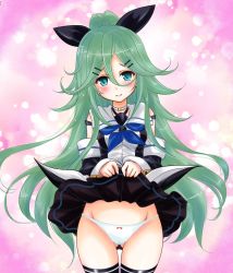 Rule 34 | 10s, 1girl, aqua eyes, aqua hair, ass, bare shoulders, black dress, black ribbon, black skirt, black thighhighs, blush, breasts, circle skirt, clothes lift, cowboy shot, detached sleeves, dress, embarrassed, gluteal fold, hair between eyes, hair ribbon, kantai collection, lifted by self, long hair, looking at viewer, messy hair, panties, pantyshot, parted bangs, pleated skirt, ponytail, ribbon, skirt, skirt lift, small breasts, solo, standing, tamanori (isokazelove), thighhighs, thighs, underwear, white panties, wide sleeves, yamakaze (kancolle)