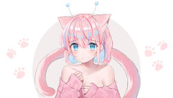 Rule 34 | 1girl, absurdres, animal ears, antennae, bad id, bad pixiv id, blue eyes, blue hair, breasts, cat ears, cat girl, cat tail, cleavage, clenched hands, collarbone, commentary, commission, english commentary, hair behind ear, highres, kemonomimi mode, manaka umio, multicolored hair, myholo tv, off-shoulder sweater, off shoulder, paw print, purple hair, short hair, solo, streaked hair, sweater, tail, virtual youtuber, yagen (user mxur3238)