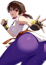 Rule 34 | 1girl, ass, bare arms, bare shoulders, belt, braid, braided ponytail, breasts, brown eyes, brown hair, dougi, fingerless gloves, fire, from below, gloves, headband, highres, karate gi, long hair, looking at viewer, martial arts belt, medium breasts, open mouth, parted bangs, red headband, ryuuko no ken, simple background, single braid, sleeveless, smile, snk, solo, spandex, the king of fighters, under shot, white background, yagi2013, yuri sakazaki