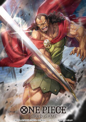 Rule 34 | 1boy, armor, armored skirt, biceps, black hair, cape, dai-xt, facial hair, feet out of frame, fighting stance, frown, holding, holding sword, holding weapon, kyros, long hair, long sword, male focus, manly, mature male, muscular, muscular male, one piece, open mouth, pectorals, solo, stubble, sword, teeth, thick arms, thick thighs, thighs, tongue, veins, weapon