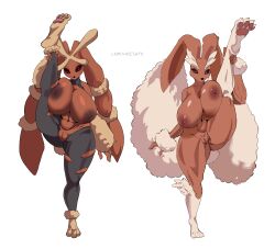 Rule 34 | 2girls, absurdres, animal ears, animal hands, artist name, black pantyhose, black sclera, breasts, censored, collarbone, colored sclera, creatures (company), game freak, gen 4 pokemon, highres, huge breasts, leg hold, lemonbizate, looking at viewer, lopunny, mega lopunny, mega pokemon, mosaic censoring, multiple girls, nintendo, nipples, pantyhose, pokemon, pokemon (creature), pussy, rabbit ears, red eyes, simple background, standing, standing on one leg, thick thighs, thighs, torn clothes, torn pantyhose, white background
