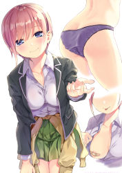 Rule 34 | 1girl, absurdres, areola slip, ass, bandaid, bandaids on nipples, black jacket, blazer, blue eyes, blush, breasts, brown cardigan, cardigan, cardigan around waist, closed mouth, clothes around waist, collarbone, collared shirt, commentary request, cowboy shot, dress shirt, go-toubun no hanayome, green skirt, grey shirt, hair between eyes, hand up, highres, impossible clothes, jacket, leaning forward, long sleeves, medium breasts, multiple views, nakano ichika, neki (wakiko), open clothes, open jacket, panties, pasties, pink hair, pleated skirt, purple panties, school uniform, shirt, short hair, simple background, skirt, smile, translation request, underwear, white background